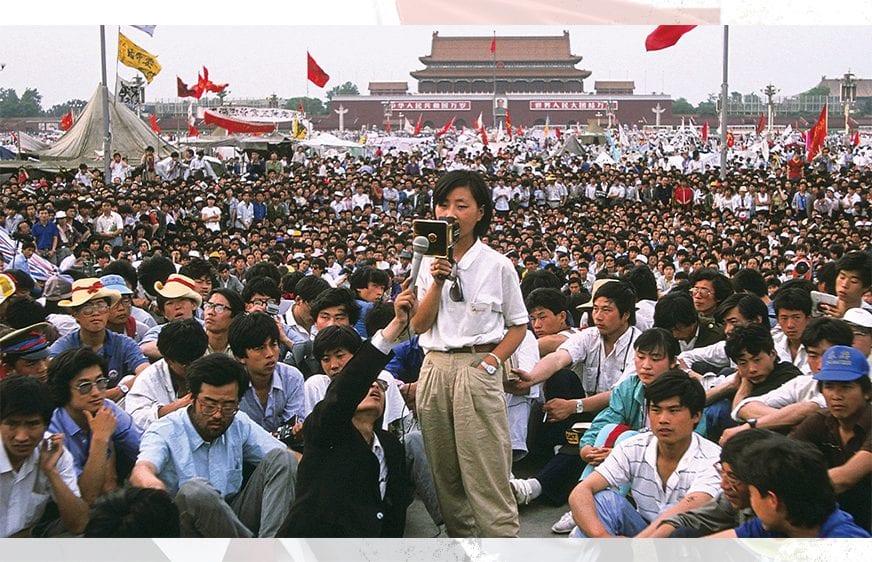 Chai Ling in Tiananmen Square on May 28, 1989 (Chip Hires/Gamma-Rapho via Getty Images)